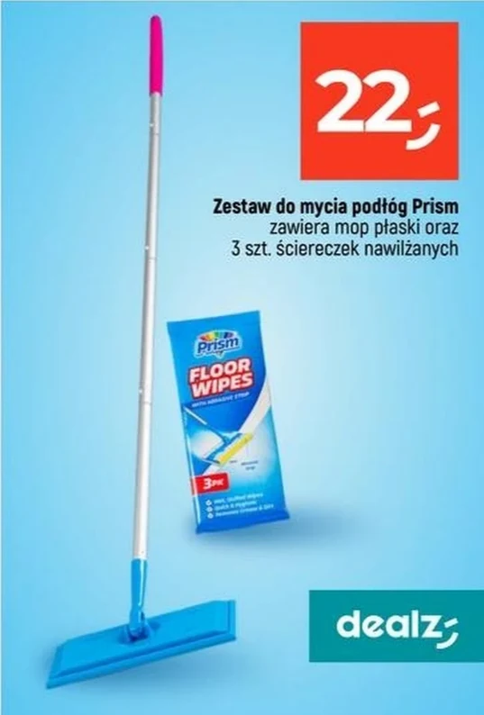 Mop płaski z różową rączką oraz opakowanie trzech nawilżanych ściereczek do mycia podłóg Prism obok informacji o cenie 22 zł na niebieskim tle.
