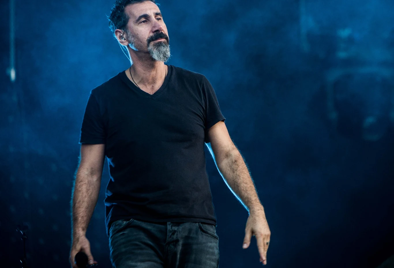 Serj Tankian (System of a Down) Serj Tankian stoi na scenie i trzyma mikrofon. Jest ubrany w czarny T-shirt i jeansy.
