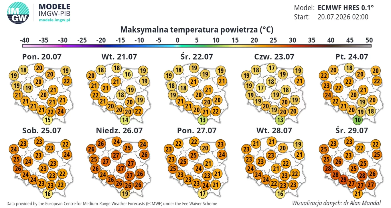 Przez większość tygodnia będzie chłodno i deszczowo. Zdecydowane ocieplenie czeka nas w weekend Prognoza maksymalnych temperatur powietrza w Polsce na okres od 20 do 29 lipca, ukazująca narastające upały, zwłaszcza na zachodzie i południu kraju, gdzie wartości dochodzą miejscami do 35°C, z wyraźną kulminacją najcieplejszych dni pod koniec przedst...