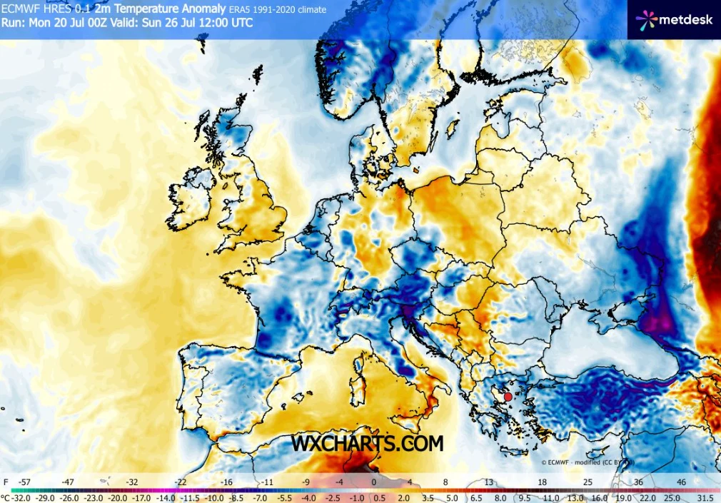 Sam koniec tygodnia będzie wyraźnie cieplejszy, z możliwym lokalnym upałem - prognozuje IMGW Mapa Europy z zaznaczonymi anomaliami temperatury powietrza, na której centralna i południowa część kontynentu charakteryzuje się wyraźnie podwyższonymi temperaturami, natomiast północne oraz częściowo wschodnie regiony wykazują obszary chłodniejsze ni...