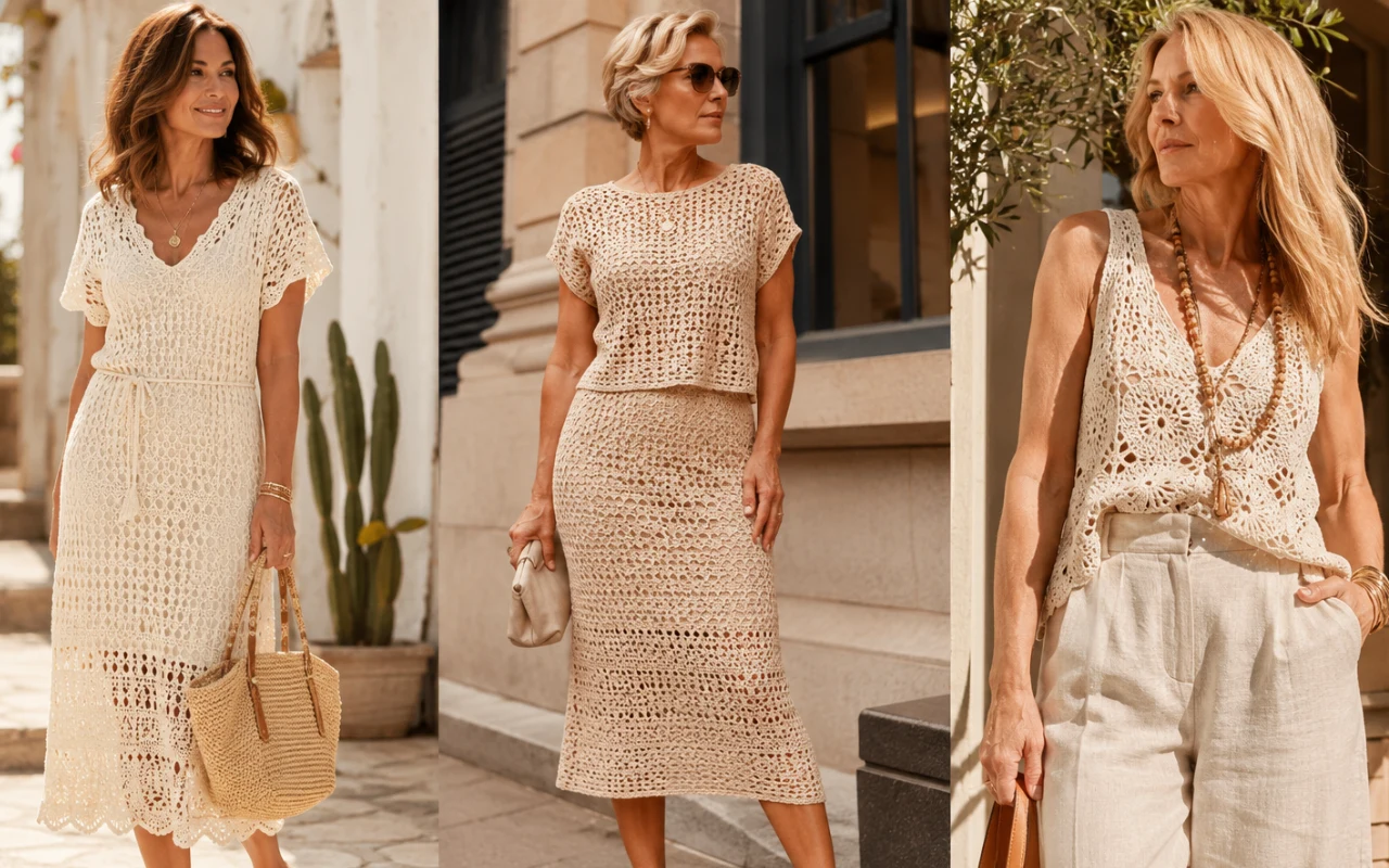 Crochet to mocny letni trend. Takie stylizacje pojawiają się u największych projektantów Trzy kobiety w stylizacjach z beżowej, ażurowej dzianiny; każda prezentuje inną letnią kreację, w tym sukienkę z krótkim rękawem, komplet spódniczki i topu oraz top z szerokimi spodniami, uzupełnione torebkami i delikatną biżuterią.