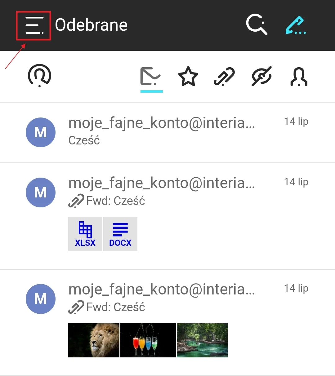 Widok skrzynki odbiorczej poczty e-mail z trzema wiadomościami zawierającymi załączniki w formatach XLSX, DOCX oraz miniatury zdjęć przedstawiających lwa, kolorowe drinki i krajobraz leśny.