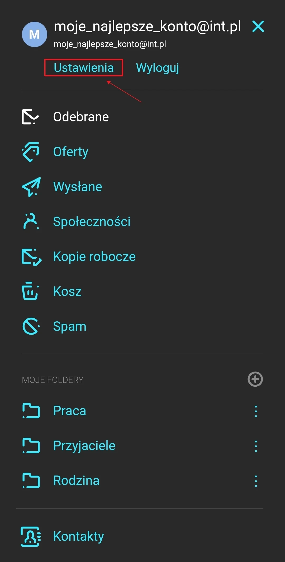 Menu skrzynki pocztowej z widocznym adresem e-mail użytkownika oraz wyróżnioną opcją ustawień, nawigacją po folderach takich jak Oferty, Wysłane, Społeczności, Kopie robocze, Kosz, Spam i folderach użytkownika: Praca, Przyjaciele, Rodzina.