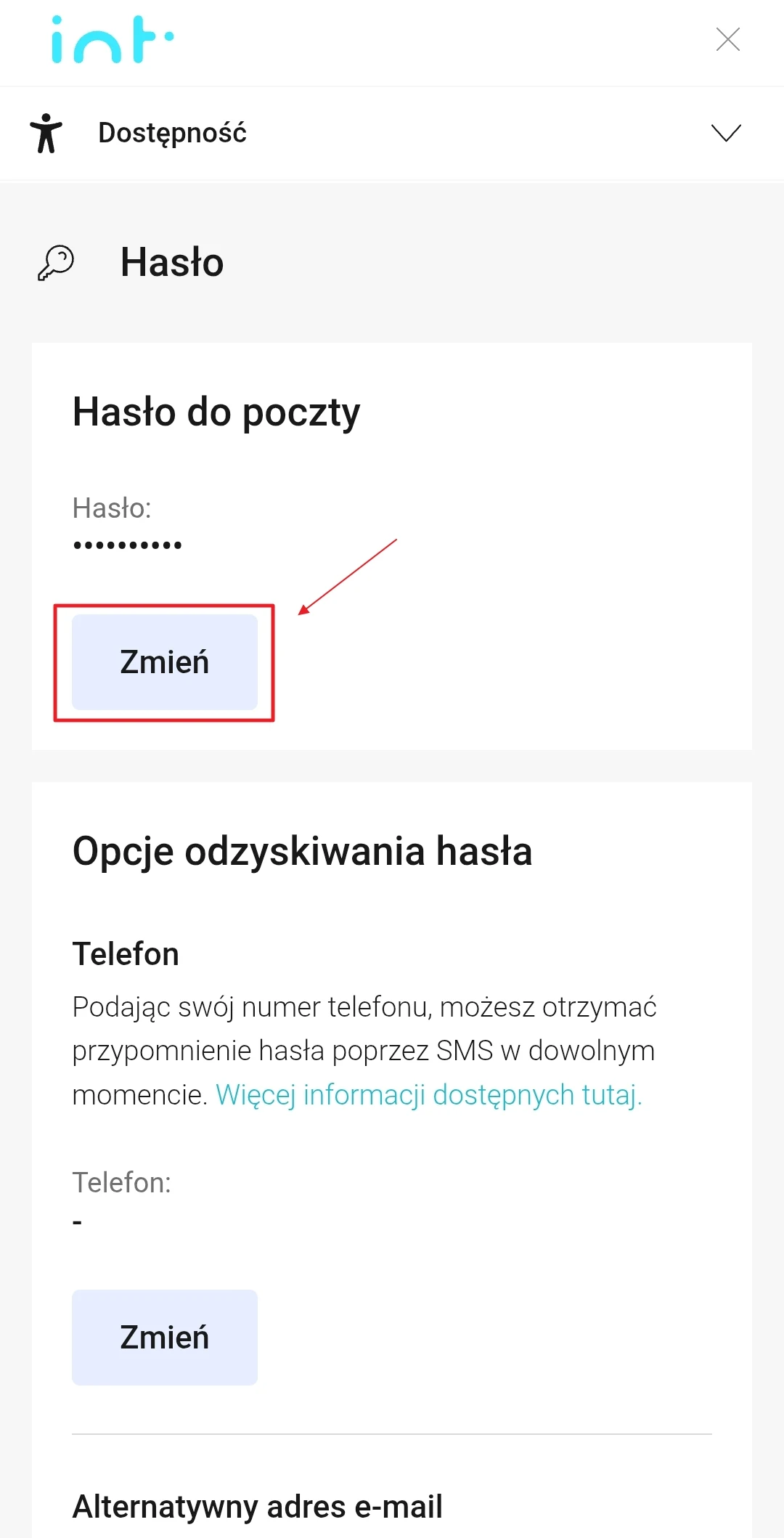 Panel ustawień konta z sekcją do zmiany hasła do poczty oraz opcjami odzyskiwania hasła przez telefon lub alternatywny adres e-mail.