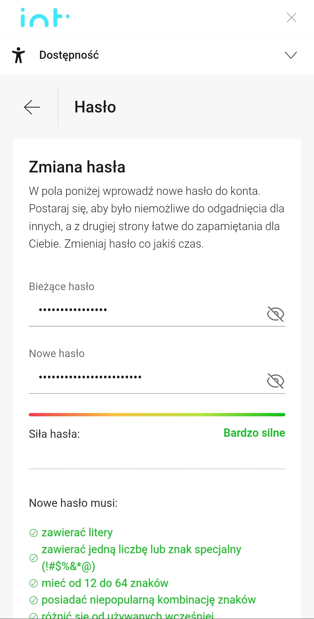 Panel zmiany hasła z wypełnionymi polami bieżącego oraz nowego hasła, oceną siły hasła jako bardzo silną i listą wymagań dotyczących tworzenia hasła, z których wszystkie są spełnione.