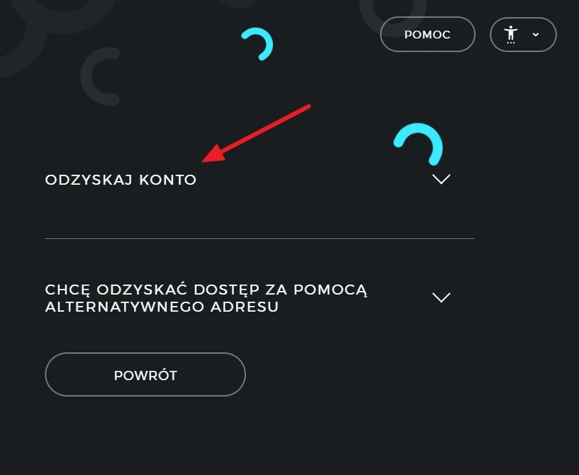Czarny interfejs z widocznymi przyciskami umożliwiającymi odzyskanie konta lub dostęp za pomocą alternatywnego adresu oraz czerwonym wskaźnikiem wskazującym na opcję 'ODZYSKAJ KONTO'.