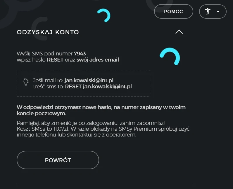 Instrukcja odzyskiwania konta zawierająca numer SMS, hasło do wpisania, przykładowy adres e-mail oraz szczegóły dotyczące otrzymania nowego hasła i kosztu wiadomości.