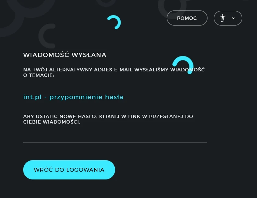 Komunikat informujący o wysłaniu wiadomości e-mail z przypomnieniem hasła, wyróżniony niebieski przycisk powrotu do logowania oraz opcje pomocy i ustawień w górnej części ekranu.
