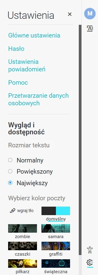 Menu ustawień z opcjami zmiany hasła, powiadomień, rozmiaru tekstu oraz wyboru motywu kolorystycznego poczty, gdzie zaznaczony jest największy rozmiar tekstu i domyślny motyw.