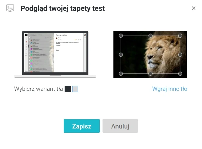 Interfejs ustawień tapety z opcją wyboru tła na laptopie, przykładowym zdjęciem lwa oraz przyciskami zapisu i anulowania zmian.