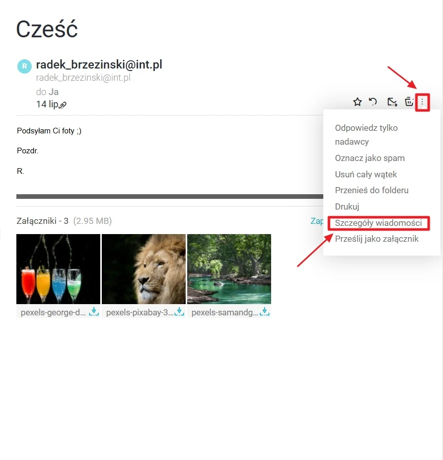 Zrzut ekranu przedstawiający otwartą wiadomość email z załączonymi trzema zdjęciami, strzałki wskazują ikonę opcji i pozycję menu 'Szczegóły wiadomości'.