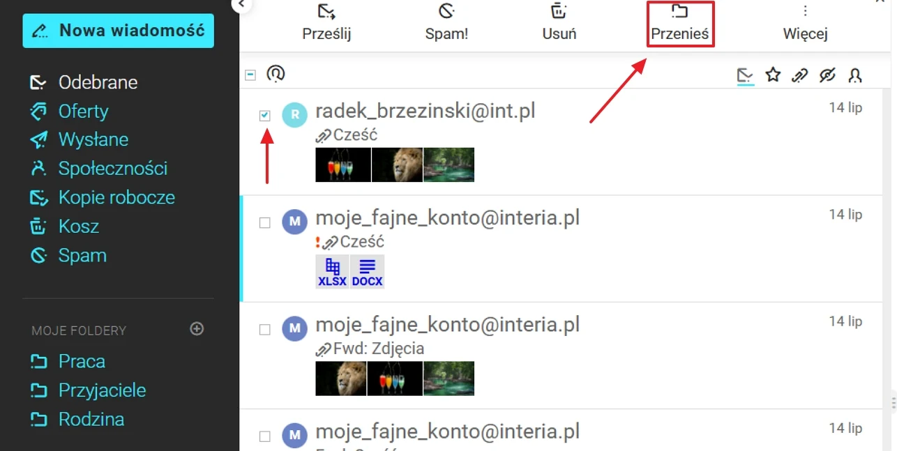 Int Widok skrzynki odbiorczej poczty elektronicznej z zaznaczoną opcją przeniesienia wybranych wiadomości e-mail do innego folderu.
