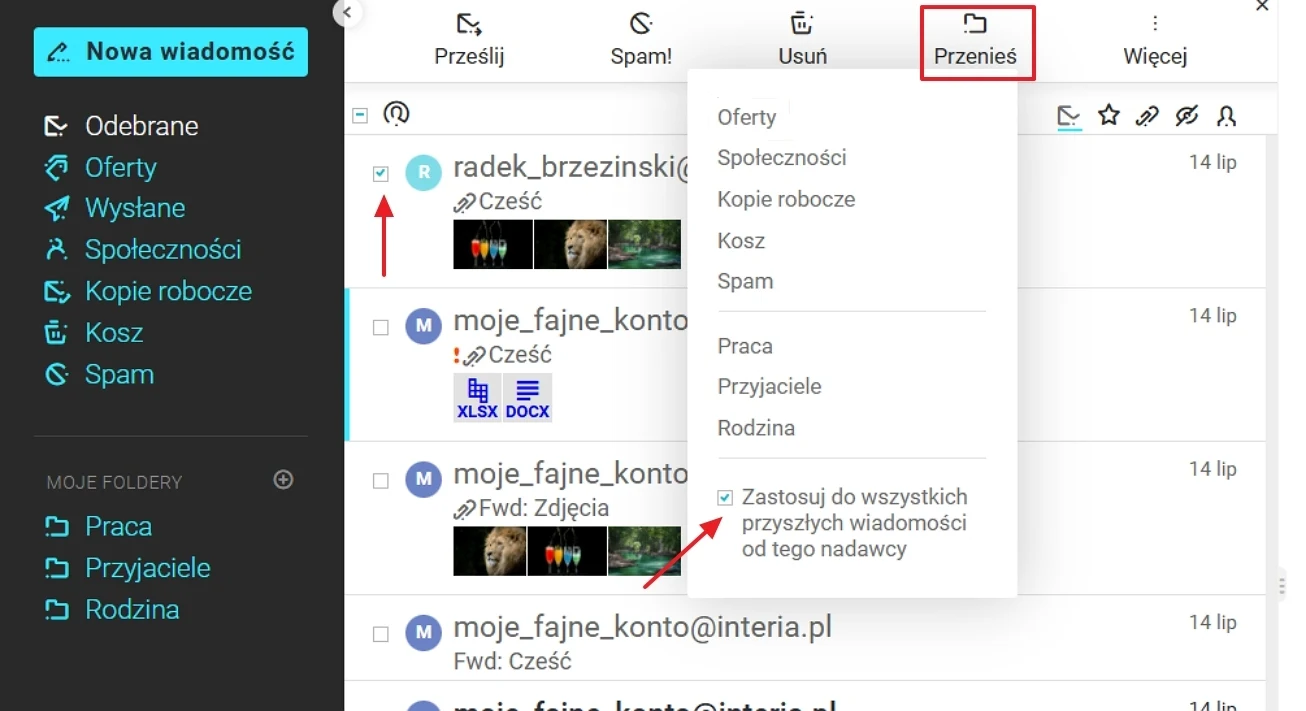 Int Interfejs skrzynki mailowej z wyróżnioną wiadomością do przeniesienia oraz rozwiniętym menu wyboru folderu docelowego na liście wiadomości e-mail.