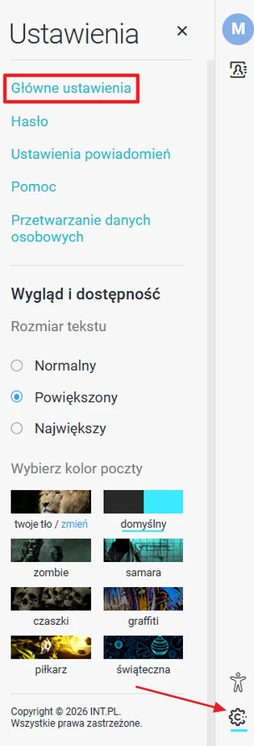 Menu ustawień z opcjami wyboru wyglądu i dostępności, ustawieniami konta oraz podziałem na sekcje, w tym wybór koloru poczty i rozmiaru tekstu.
