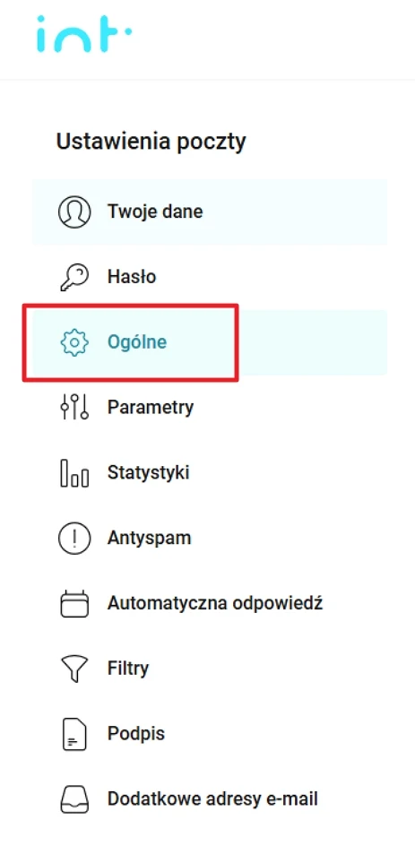 Menu ustawień poczty e-mail z wyróżnioną sekcją Ogólne oraz widocznymi innymi kategoriami, takimi jak Twoje dane, Hasło, Parametry, Statystyki, Antyspam, Automatyczna odpowiedź, Filtry, Podpis i Dodatkowe adresy e-mail.