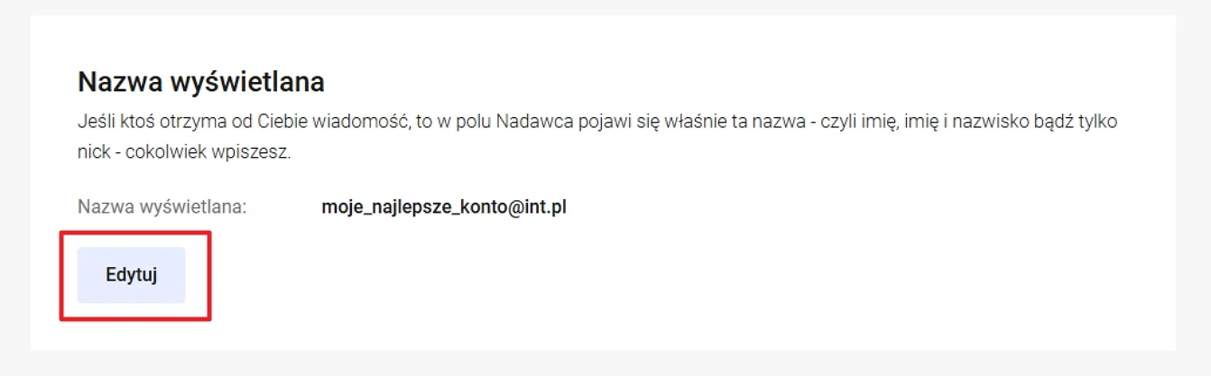 Panel ustawień konta z widoczną nazwą wyświetlaną oraz przyciskiem umożliwiającym edycję tej nazwy.