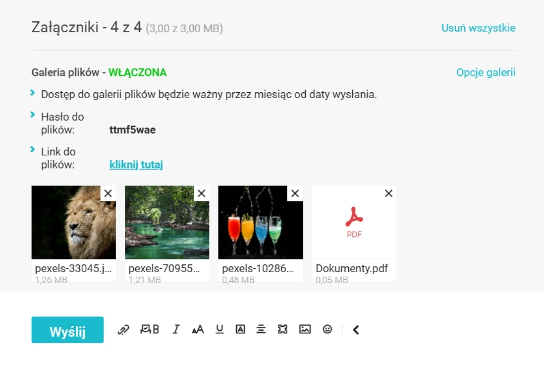Ekran przedstawiający cztery dodane załączniki, w tym trzy miniatury zdjęć i jeden plik PDF, z aktywną opcją galerii plików oraz widocznym linkiem do pobierania.