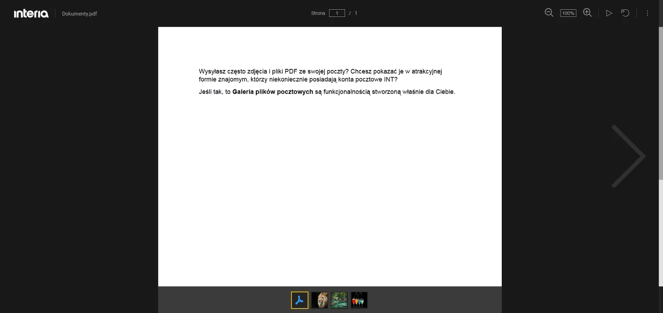 Duży biały prostokąt z tekstem na środku ekranu, zawierający instrukcję dotyczącą obsługi plików PDF oraz propozycję korzystania z funkcjonalności portalu.