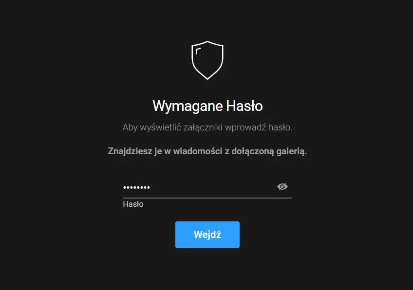 Ekran logowania z prośbą o wprowadzenie hasła, polem do wpisania hasła, ikoną tarczy oraz niebieskim przyciskiem 'Wejdź'.