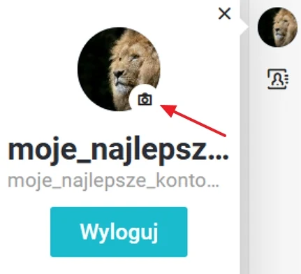 Profil użytkownika z avatara lwa, przyciskiem wylogowania oraz ikoną aparatu wskazującą możliwość zmiany zdjęcia profilowego.
