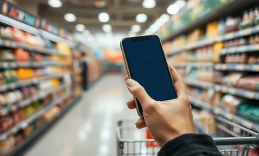 Dłoń z telefonem i aplikacją zakupową w alejce supermarketu