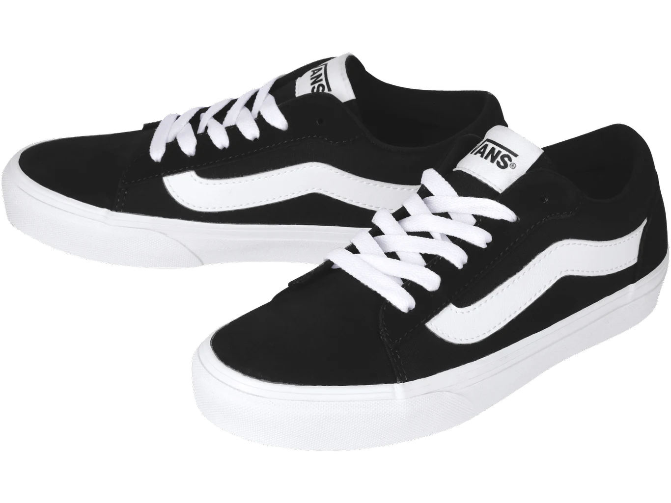 Buty dziecięce Vansy za 119,99zł Czarne sneakersy z białą podeszwą, białymi sznurówkami i charakterystycznym białym paskiem po bokach, logo marki Vans na języku.