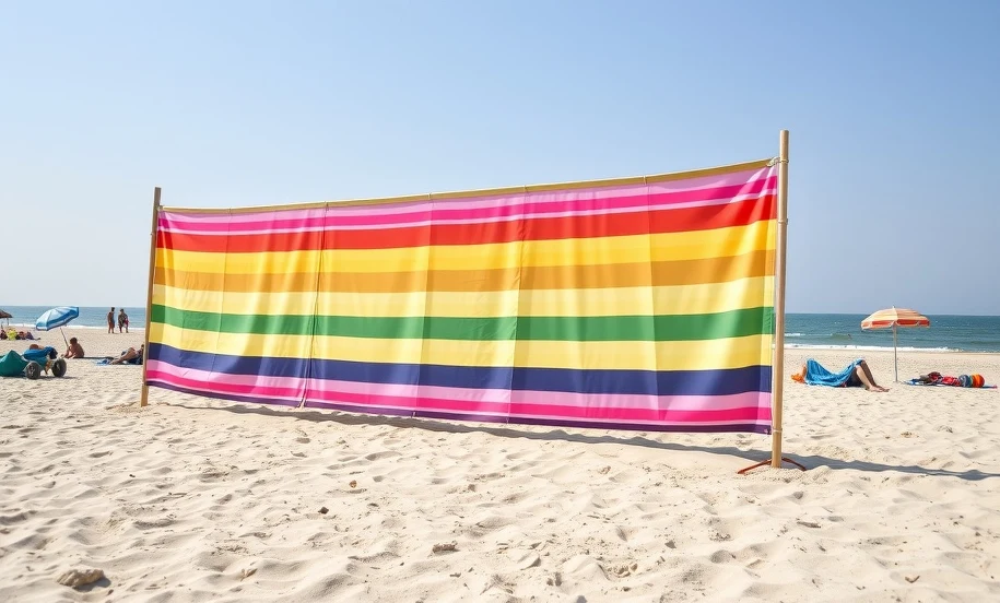 Parawan plażowy — promocja Polomarket od 24,99 zł Kolorowy parawan plażowy rozstawiony na piaszczystej plaży nad Bałtykiem
