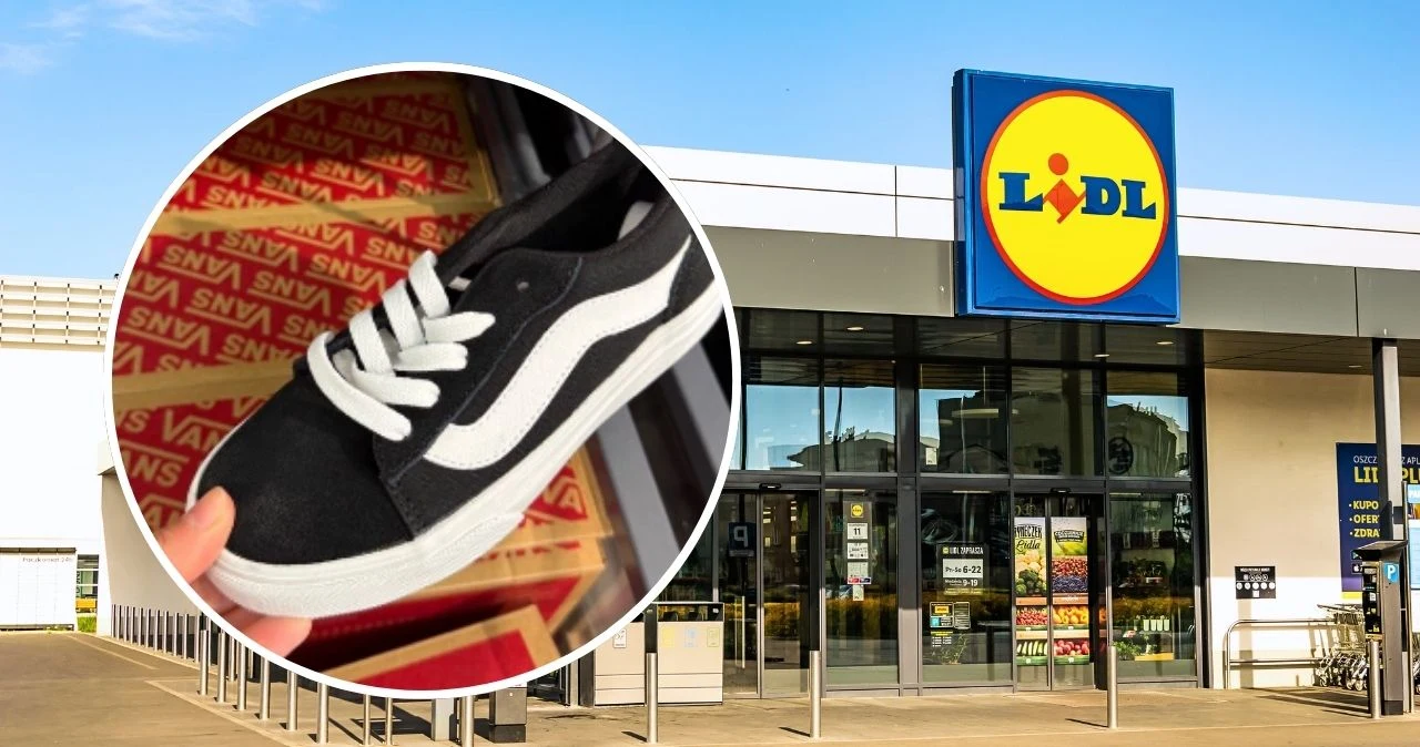 Lidl zapowiada sportowy hit. Markowe Vansy kosztują dużo mniej niż u producenta Wejście do sklepu Lidl z widocznym logo i czarno-białe buty Vans trzymane na tle pudełka.