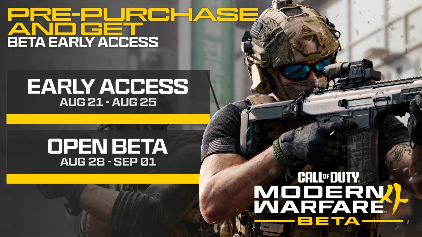 Uzbrojony żołnierz w pełnym ekwipunku, trzymający karabin szturmowy, z przodu plansza informująca o wczesnym dostępie i otwartej becie gry Call of Duty: Modern Warfare Beta z podanymi datami.