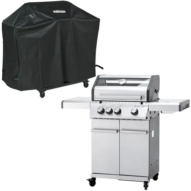 Stalowy grill gazowy z czterema pokrętłami i półkami bocznymi na kółkach, obok czarna pokrowiec ochronny dopasowany rozmiarem do grilla.