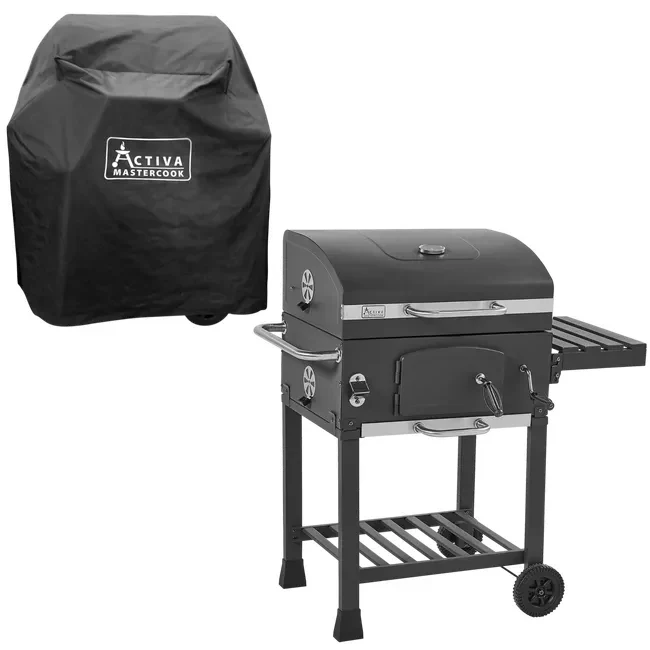 Czarny grill ogrodowy metalowy na dwóch kółkach z boczną półką oraz pokrowiec ochronny z widocznym logo Activa Mastercook.