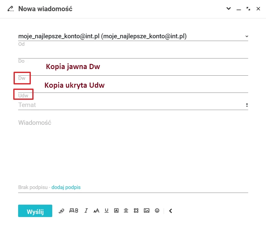 Formularz tworzenia nowej wiadomości e-mail z wyróżnionymi polami do wpisania adresów odbiorców w kopii jawnej (Dw) i ukrytej (Udw), a także przycisk wyślij oraz puste miejsca na temat i treść wiadomości.