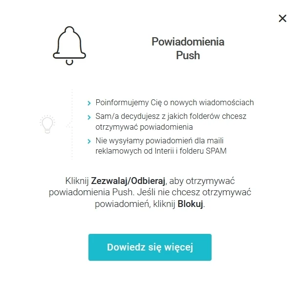 Ikona dzwonka, nagłówek 'Powiadomienia Push', wypunktowana lista zalet powiadomień push oraz instrukcja, jak je włączyć lub zablokować z wyróżnionym przyciskiem 'Dowiedz się więcej'.
