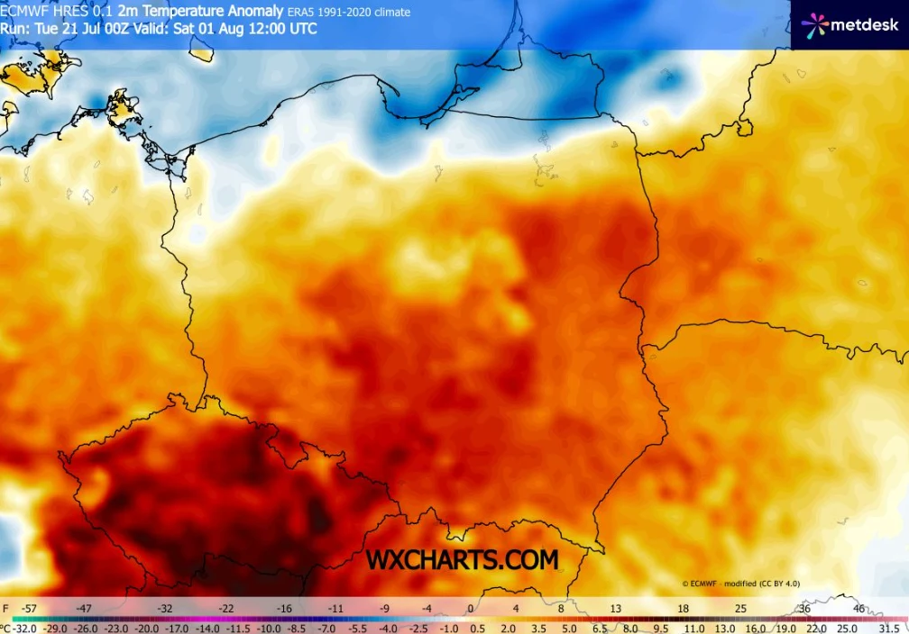 Początek sierpnia przyniesie mocną dodatnią anomalię temperatury, przede wszystkim w południowej i wschodniej Polsce Mapa anomalii temperatury w Polsce z wyraźnym obszarem silnie podwyższonych wartości w południowo-zachodniej części kraju, zaznaczonym ciemnoczerwonym kolorem, podczas gdy północne rejony wykazują nieco niższe wartości.