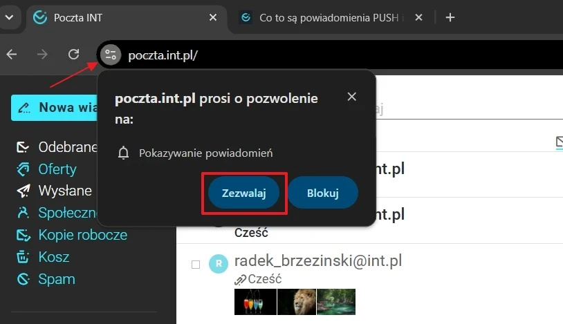 Okno wyskakujące przeglądarki z prośbą o pozwolenie na wyświetlanie powiadomień w serwisie poczta.int.pl, z widocznymi przyciskami 'Zezwalaj' i 'Blokuj', a w tle interfejs skrzynki odbiorczej poczty elektronicznej.