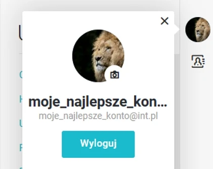 Profil użytkownika z awatarem lwa, nazwą użytkownika oraz przyciskiem umożliwiającym wylogowanie się.