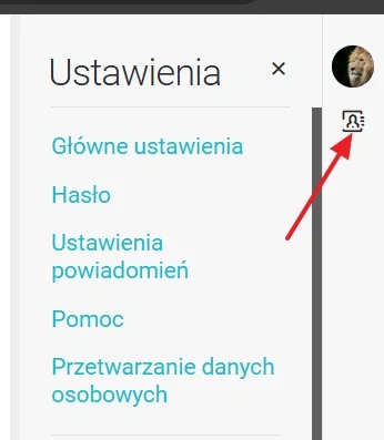Panel ustawień z listą opcji takich jak główne ustawienia, hasło, ustawienia powiadomień, pomoc i przetwarzanie danych osobowych oraz ikona profilu użytkownika ze zdjęciem lwa i zaznaczonym przyciskiem edycji profilu.