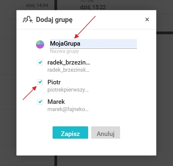 Formularz tworzenia nowej grupy o nazwie MojaGrupa z listą członków do wyboru i zaznaczonymi użytkownikami Piotr oraz radek_brzezin.