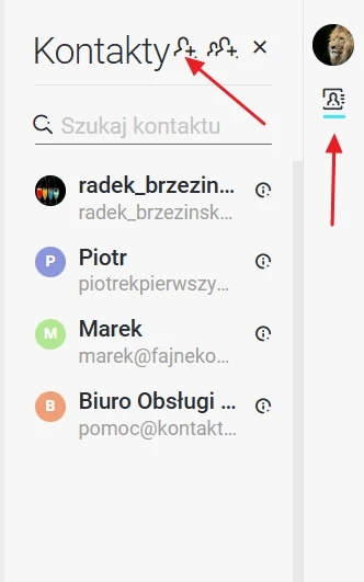 Lista kontaktów z widocznymi nazwiskami i adresami e-mail, ikona osoby z lwa jako zdjęcie profilowe w prawym górnym rogu oraz zaznaczenie zakładki kontakty po prawej stronie.