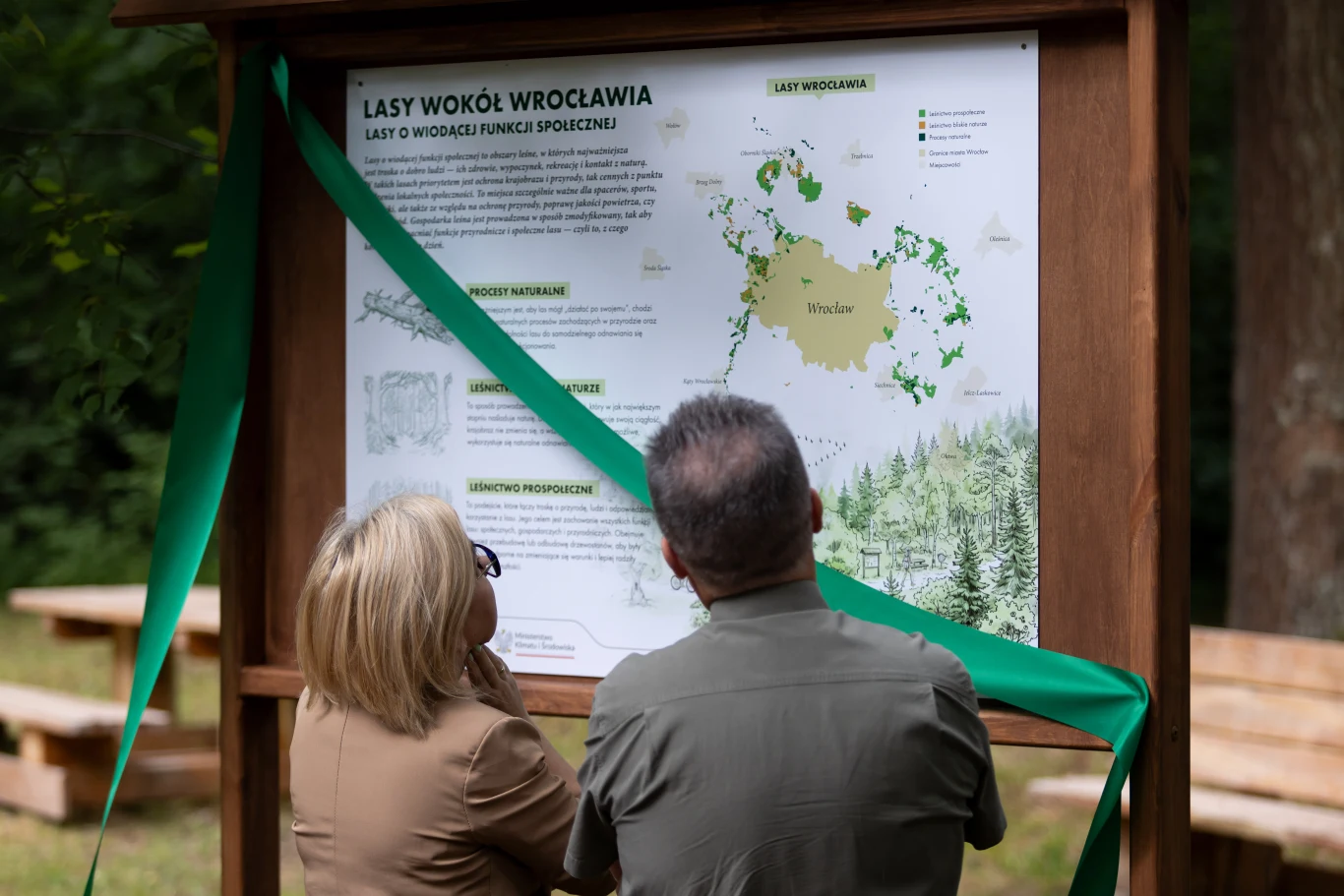 Dwóch dorosłych analizuje dużą drewnianą tablicę informacyjną z mapą oraz opisami dotyczącymi lasów wokół Wrocławia; zielone wstęgi przeciągnięte przez tablicę podkreślają uroczysty charakter wydarzenia.