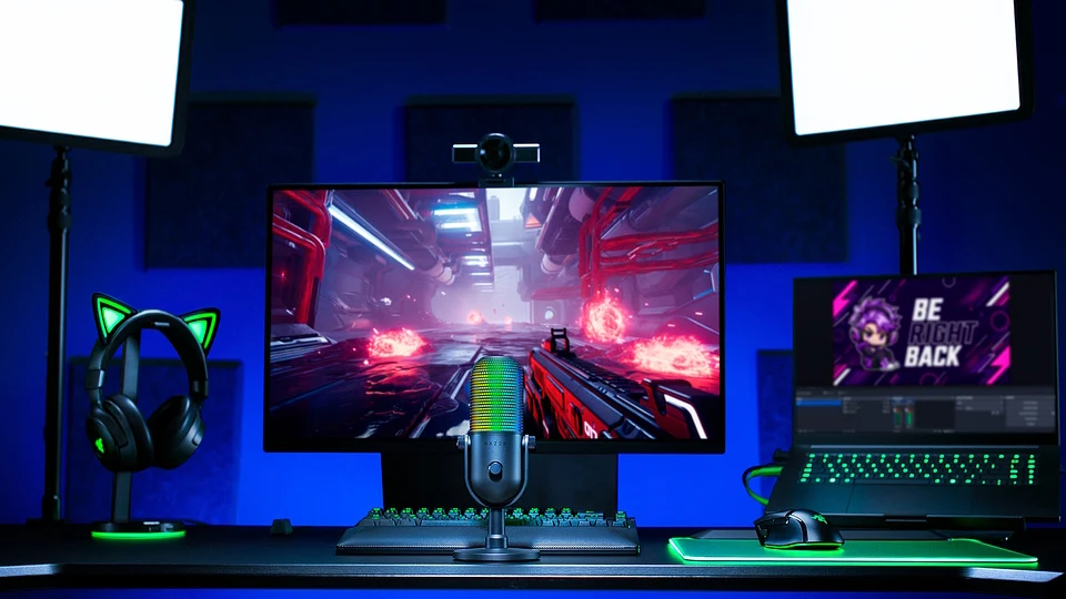 Stanowisko gamingowe z dużym monitorem wyświetlającym futurystyczną grę akcji, laptopem z napisem 'Be Right Back', podświetlaną klawiaturą mechaniczną, mikrofonem i słuchawkami z nausznikami w kształcie kocich uszu, oświetlone dwoma lampami studyjnymi.