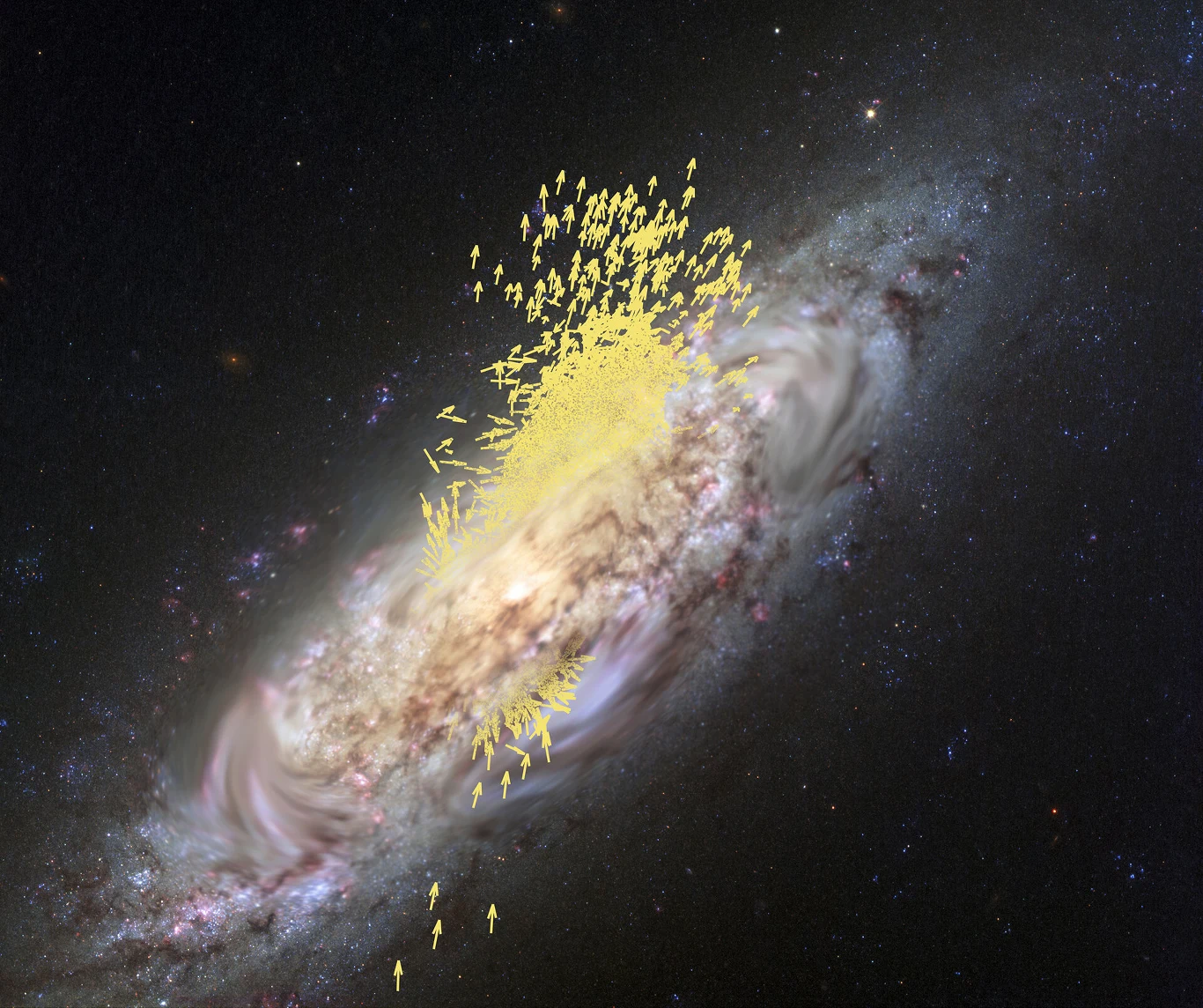 Wizja artystyczna połączenia galaktyki Gaia-Enceladus z naszą Drogą Mleczną Artystyczna wizja połączenia galaktyki Gaia-Enceladus z Drogą Mleczną, żółte strzałki pokazują trajektorie.