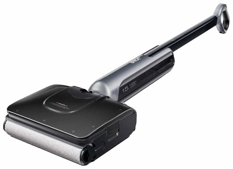 Nowoczesny bezprzewodowy mop elektryczny z szeroką obrotową głowicą i ergonomicznym uchwytem do wygodnego prowadzenia po podłodze.
