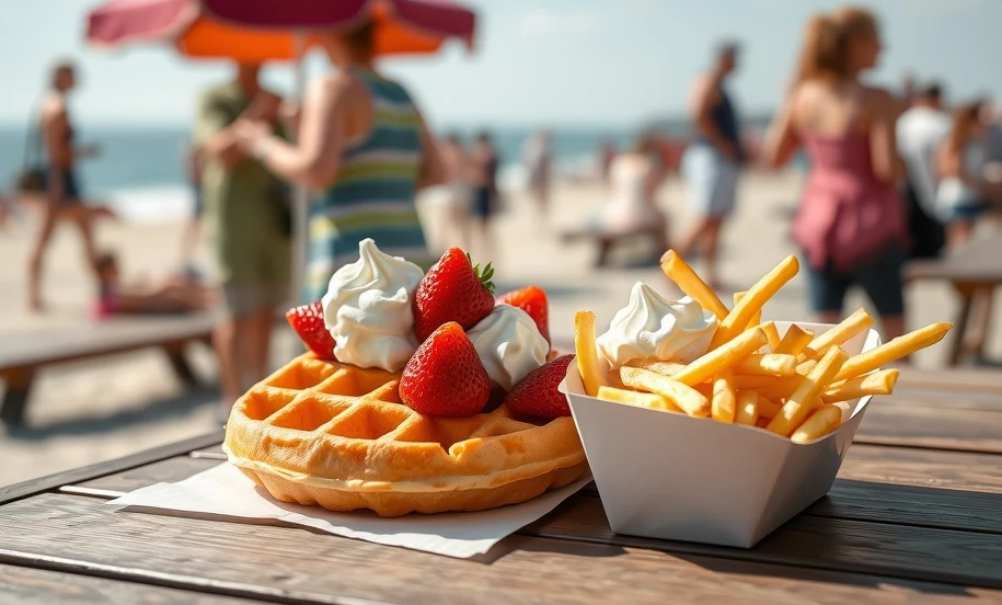 Wakacyjne ceny przy plaży — bohaterowie paragonów grozy Gofr z bitą śmietaną i truskawkami oraz frytki na stoliku przy nadmorskiej promenadzie