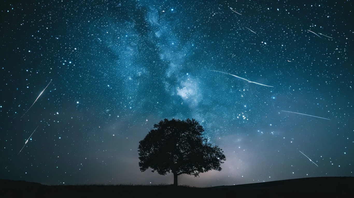 Maksimum Perseidów wypadnie w Polsce w sierpniu. Samotne drzewo na tle rozgwieżdżonego nieba z widoczną Drogą Mleczną oraz licznymi spadającymi gwiazdami.