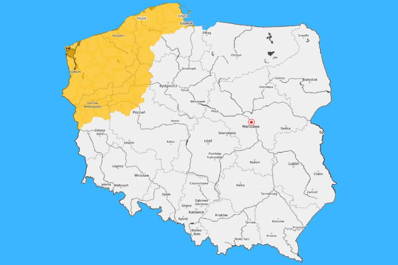 Mapa Polski z wyróżnionym na żółto północno-zachodnim regionem obejmującym województwa zachodniopomorskie i lubuskie oraz zaznaczonym punktem lokalizującym Warszawę.