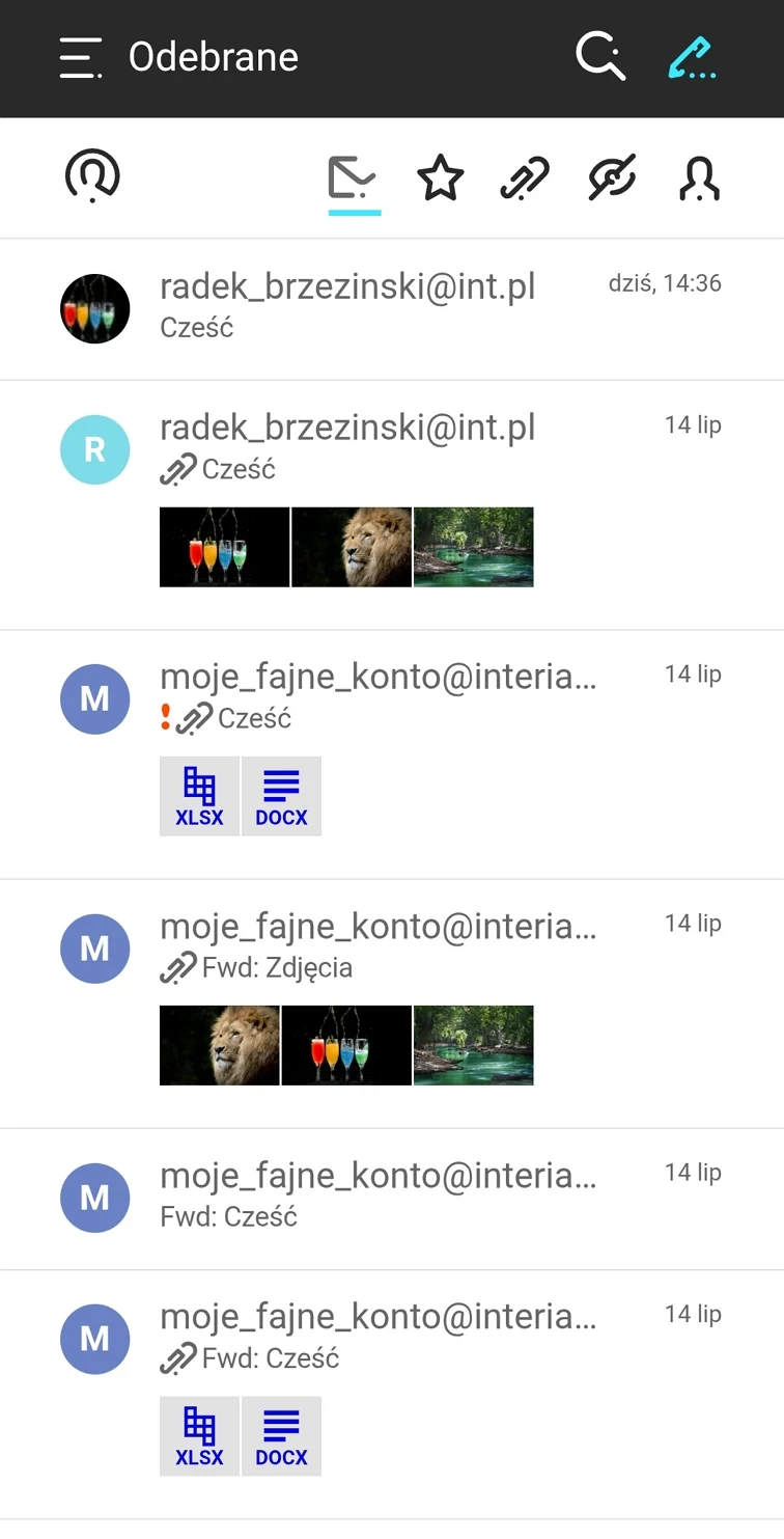 Lista otrzymanych wiadomości e-mail z widocznymi nazwami nadawców, tematami oraz załącznikami w formacie XLSX i DOCX, a także miniaturami zdjęć przy niektórych wiadomościach.