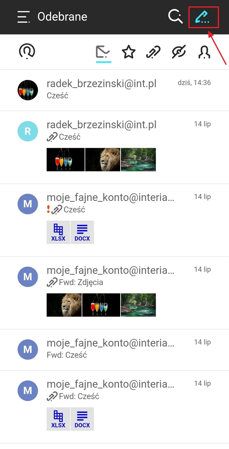 Widok skrzynki odbiorczej w aplikacji pocztowej z listą wiadomości e-mail, wśród których znajdują się zarówno pojedyncze wiadomości, jak i rozmowy zawierające załączniki graficzne oraz pliki w formacie XLSX i DOCX, na górze ekranu widoczny pasek narzęd...