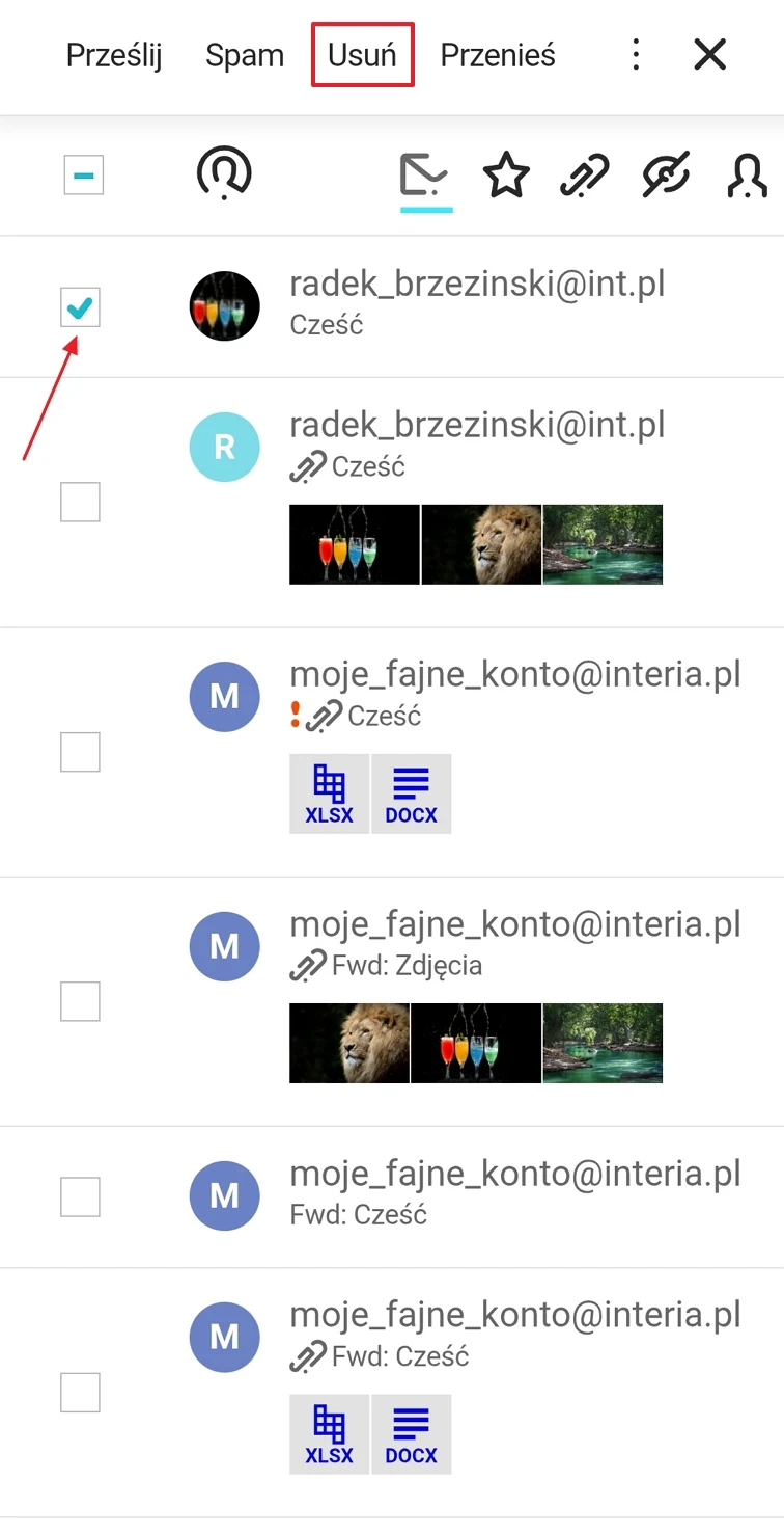 Lista maili z widocznym zaznaczeniem jednego z wiadomości od nadawcy radek_brzezinski@int.pl oraz wyróżnioną opcją usuwania w górnym menu.