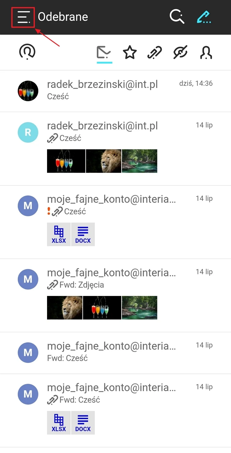 Lista wiadomości e-mail w folderze Odebrane z widocznymi nazwami nadawców, tematami oraz załącznikami w postaci plików XLSX i DOCX.
